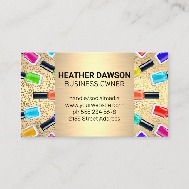 Nail Polish Bottles | Gold Glitter Metallic Flakes Business Card (Front)