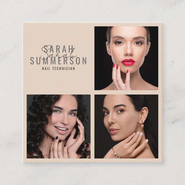 Nail Salon Beauty Technician Script Beige 3 Photo Calling Card (Front)