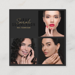 Nail Salon Beauty Technician Script Black 3 Photo Square Business Card