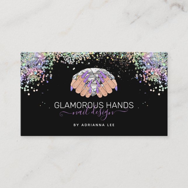 Nail Salon Diamond Hands Purple Glitter Nail Tech  Business Card (Front)