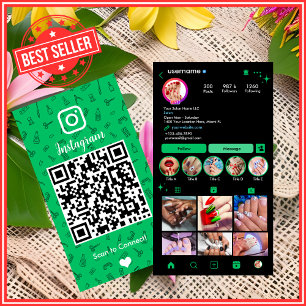 Nail Salon Instagram Green   Social Media QR Code Business Card