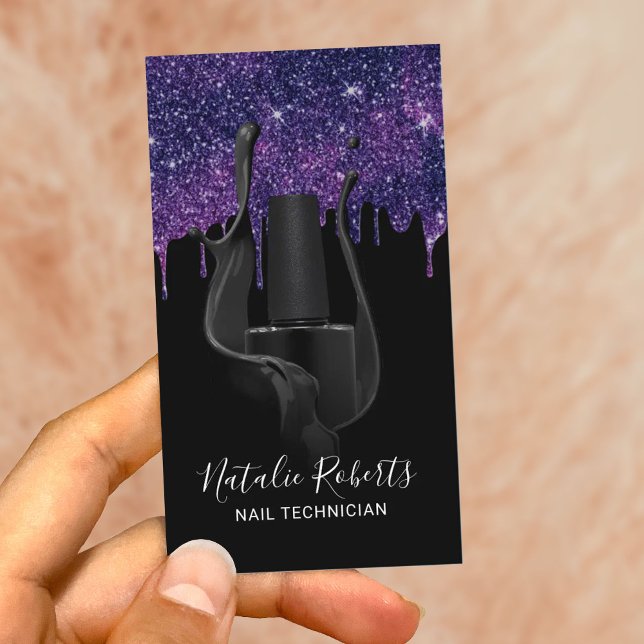 Nail Salon Manicurist Black & Purple Glitter Drips Business Card (Creator Uploaded)