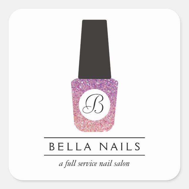 Nail Salon Monogram on Purple Glitter Nail Polish Square Sticker (Front)