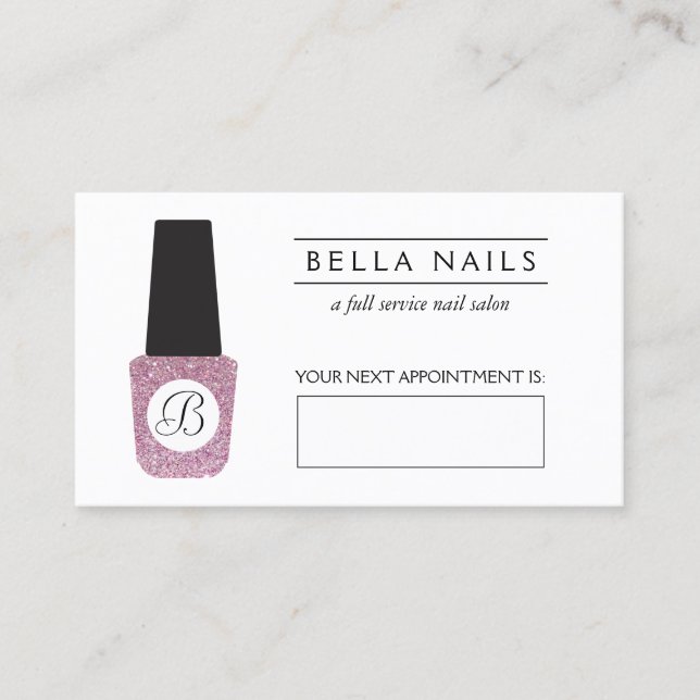 Nail Salon Monogram Pink Glitter Appointment Card (Front)