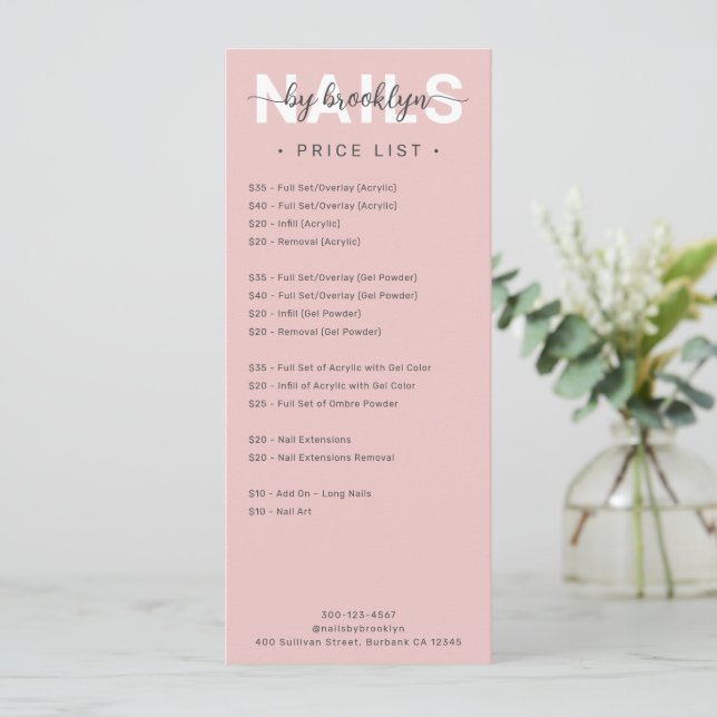 Nail Salon Price List Services Menu Invitation (Standing Front)