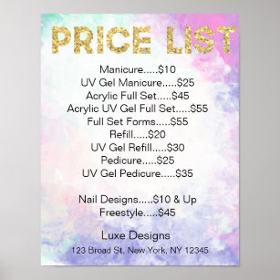 Nail Salon Price List Watercolor, Gold Glitter Poster