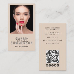Nail Salon QR Code Photo Script Beige Business Card