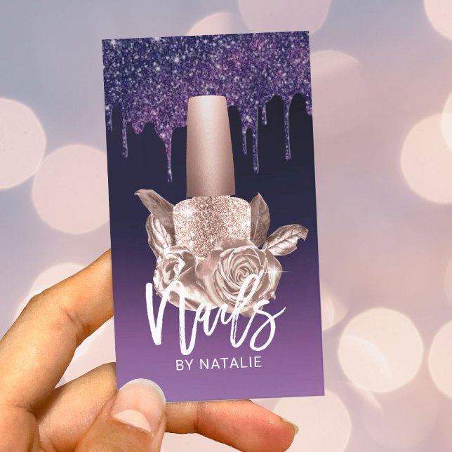Nail Salon Rose Gold Floral Modern Purple Drips Business Card (Creator Uploaded)