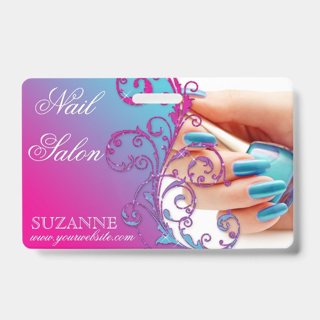Nail Salon Technician Floral Damask Pink Blue  Badge (Front)