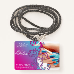 Nail Salon Technician Floral Damask Pink Blue Badge