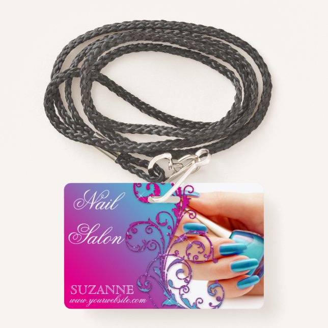 Nail Salon Technician Floral Damask Pink Blue  Badge (Front with Lanyard)