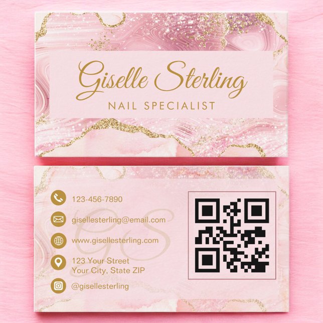 Nail Specialist Blush Pink Gold Agate QR Code Business Card (Creator Uploaded)