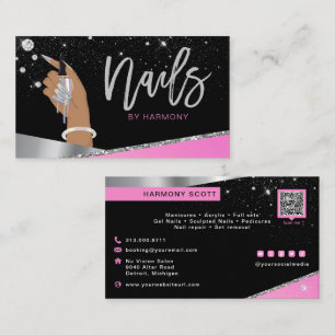 Nail Tech Artist Glam Pink Silver Diamond Salon Business Card
