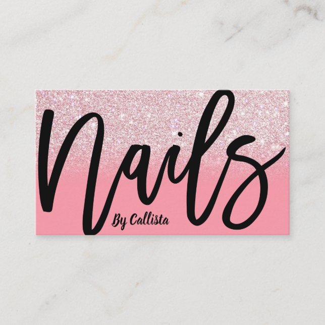 Nail Tech Girly Pink Glitter Ombre Typography Business Card (Front)