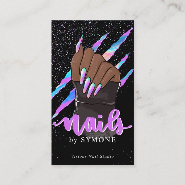 Nail Tech Holographic Claw Scratch Nail Shop Logo Business Card (Front)