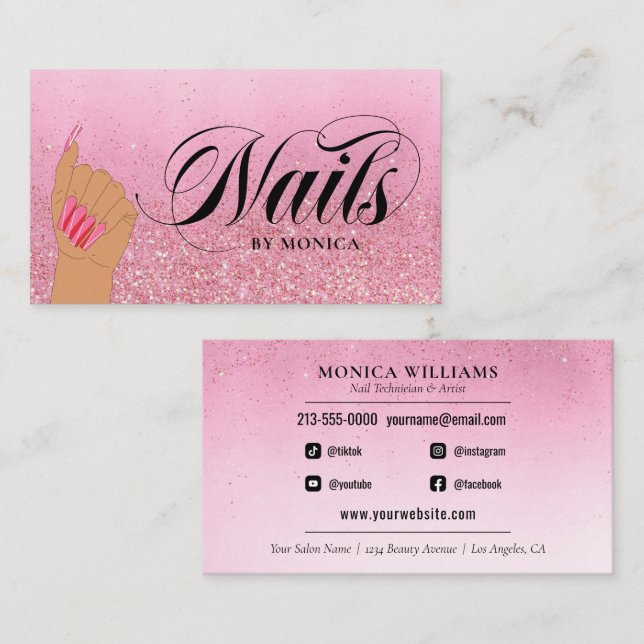 Nail Tech Manicurist Rose Red Glam Glitter Salon B Business Card (Front/Back)