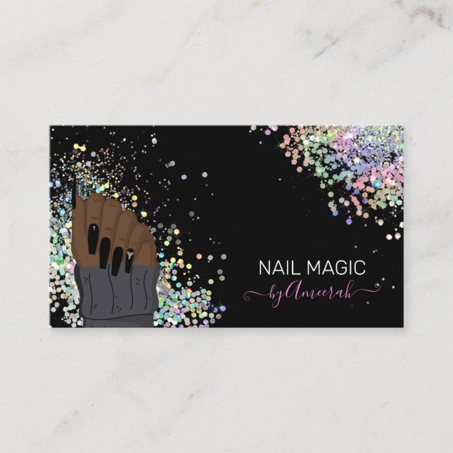 Nail Tech Nail Shop Holographic Glitter Business Card (Front)