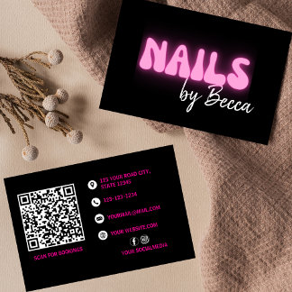 Nail Tech Retro Pink Neon QR Code Trendy Business Card