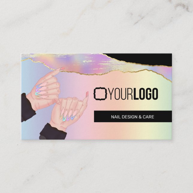 Nail Tech/Salon Holographic Rainbow Custom Logo Business Card (Front)