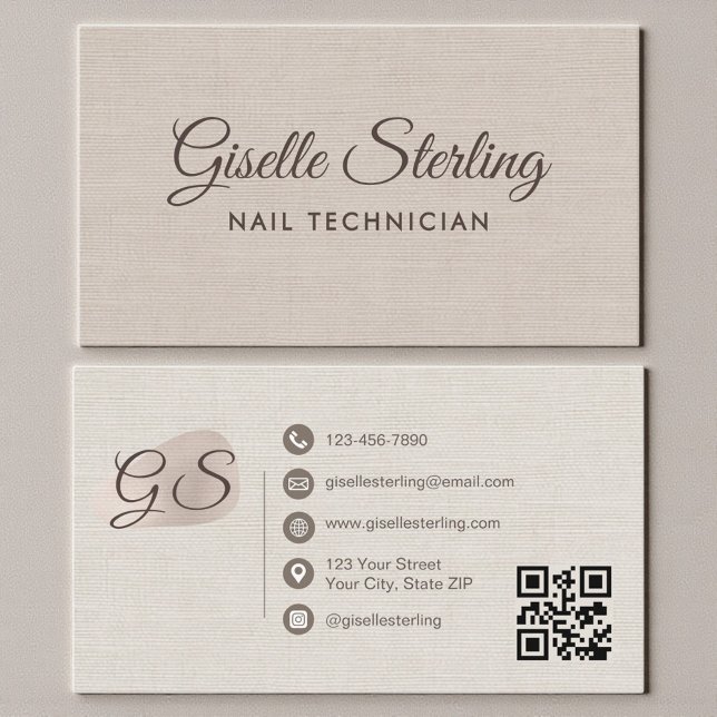 Nail Technician Beige Linen Modern Elegant QR Code Business Card (Creator Uploaded)