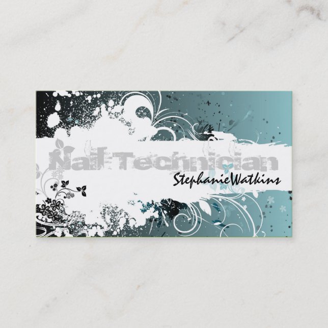 Nail Technician Business Card Grunge Splatter Teal (Front)