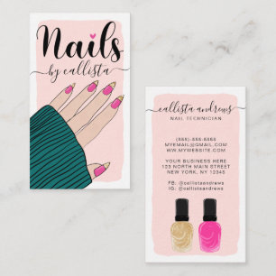 Nail Technician Girly Pink Gold Hand Illustration Business Card