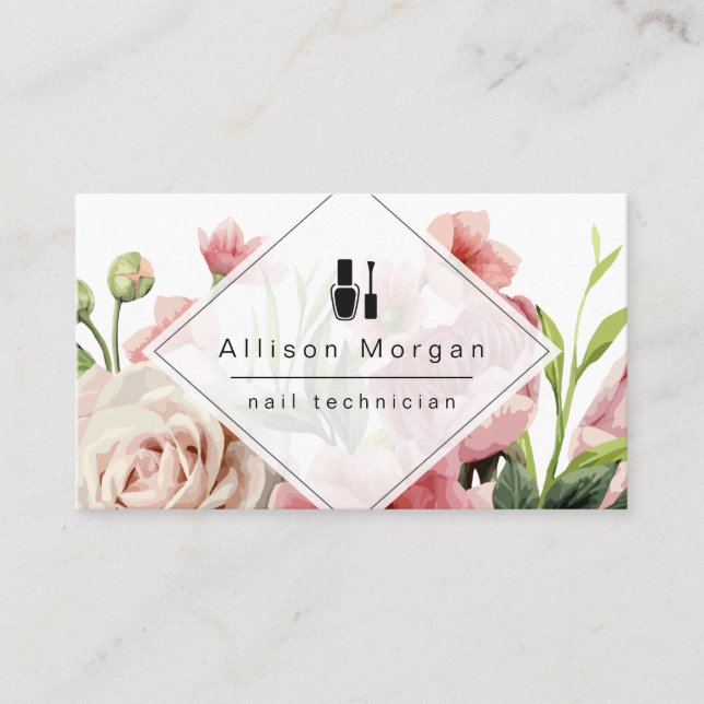 Nail Technician Logo Modern Geometric Chic Floral Business Card (Front)