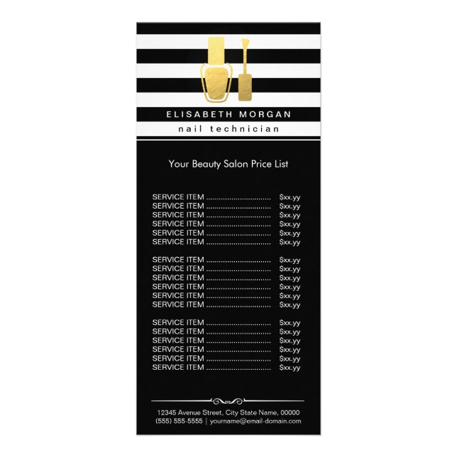 Nail Technician Polish Bottle Black White Stripes Rack Card (Front)