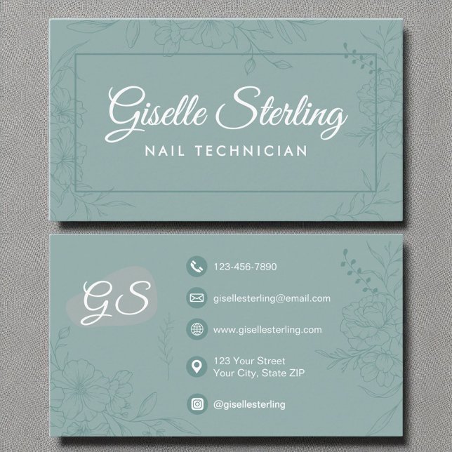 Nail Technician Teal Floral Line Art Modern Script Business Card (Creator Uploaded)