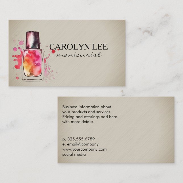 Nail Technician | Watercolor Nail Polish Bottle Business Card (Front/Back)