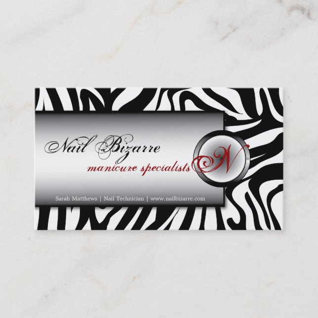 Nail Technnician Black White Zebra Business Card (Front)