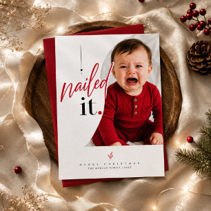 Nailed It Red Script Cute Baby Christmas Photo  Holiday Card