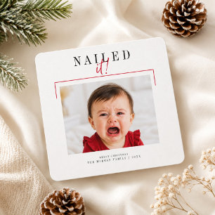 Nailed It Rounded Funny Baby Christmas Photo Holiday Card