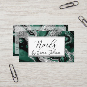 Nails Appointment Reminder Silver Green Marble Business Card