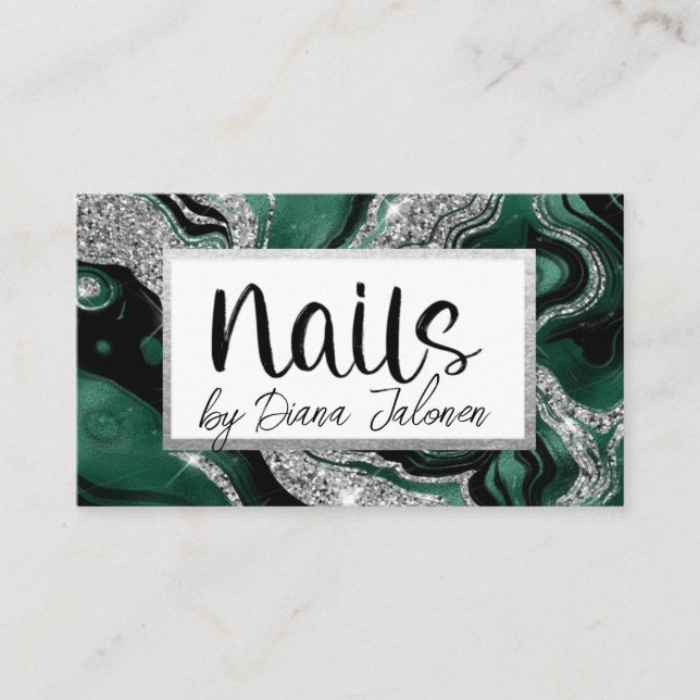Nails Appointment Reminder  Silver Green Marble Business Card (Front)