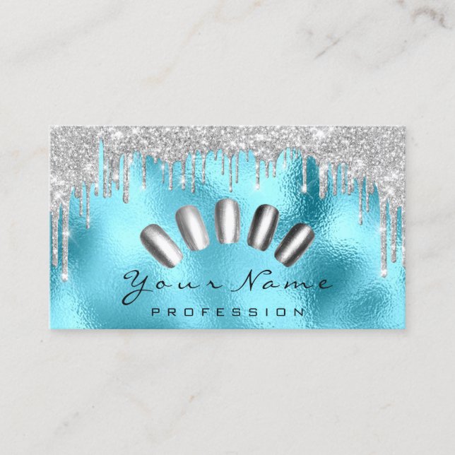 Nails Art Glitter  Blue Silver Grey Manicure Drips Business Card (Front)