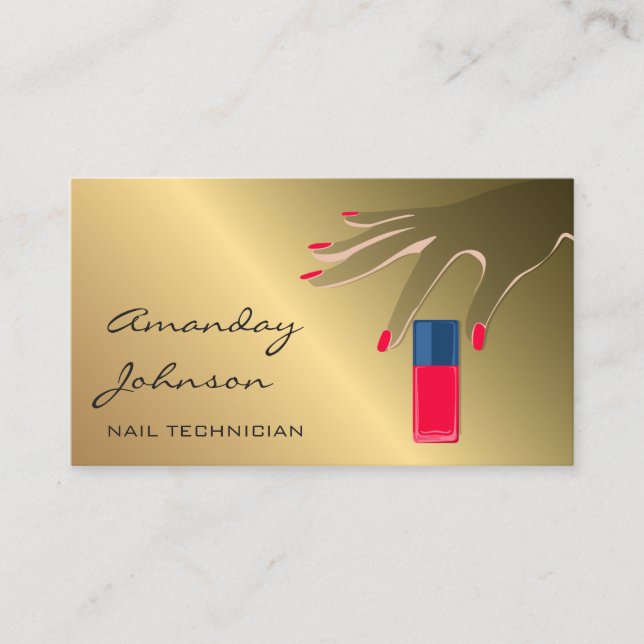 Nails Artist Modern Red Manicure Pedicure Gold Business Card (Front)