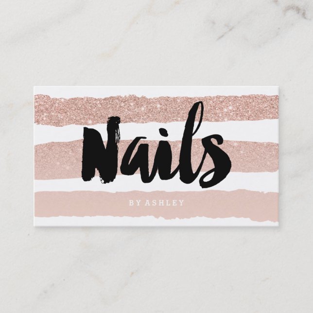 Nails artist modern typography rose gold stripes business card (Front)