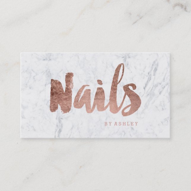 Nails chic modern rose gold typography marble business card (Front)