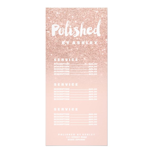 Nails custom typography blush rose gold price list rack card (Front)