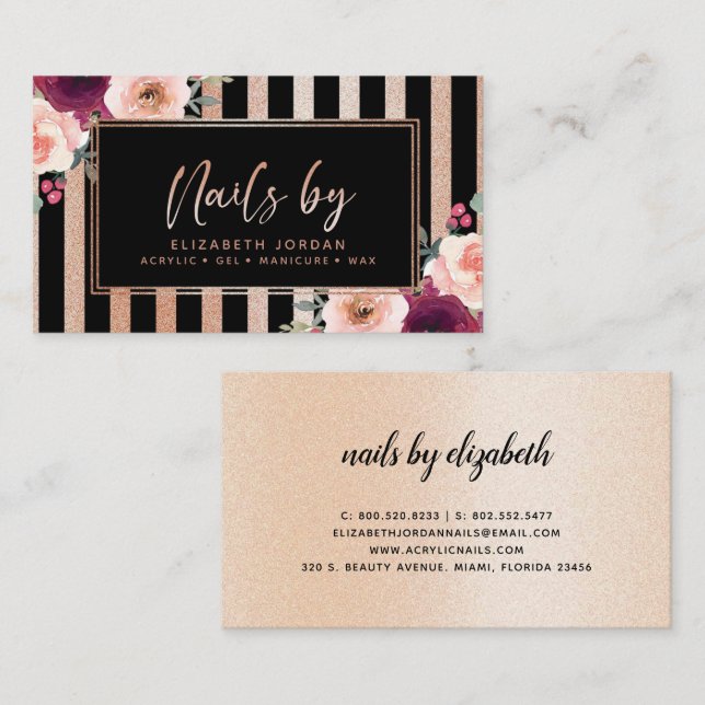 Nails Floral Black Rose Gold Glitter Business Card (Front/Back)
