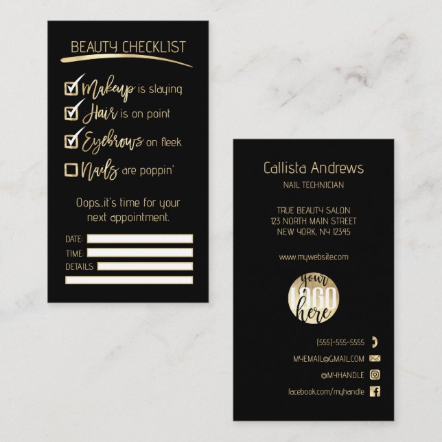 Nails Gold Black Beauty Checklist Business Logo Appointment Card (Front/Back)