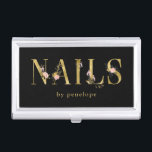 Nails | Gold Floral Typography on Black Business Card Holder<br><div class="desc">This elegant and stylish nail salon business card holder features modern faux gold typography with gorgeous blush pink,  gold and black watercolor flowers for a totally on-trend look.</div>