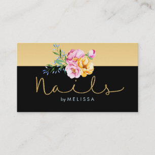 Nails Gold Glitter & Colourful Floral Bouquet Business Card