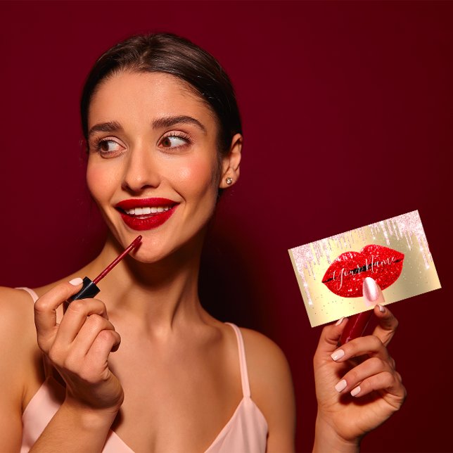 Nails Makeup Artist Pink Drips Kiss Lips Red VIP Business Card (Custom Logo House Real Estate Agent Gold Black Squ Classic Round Sticker)