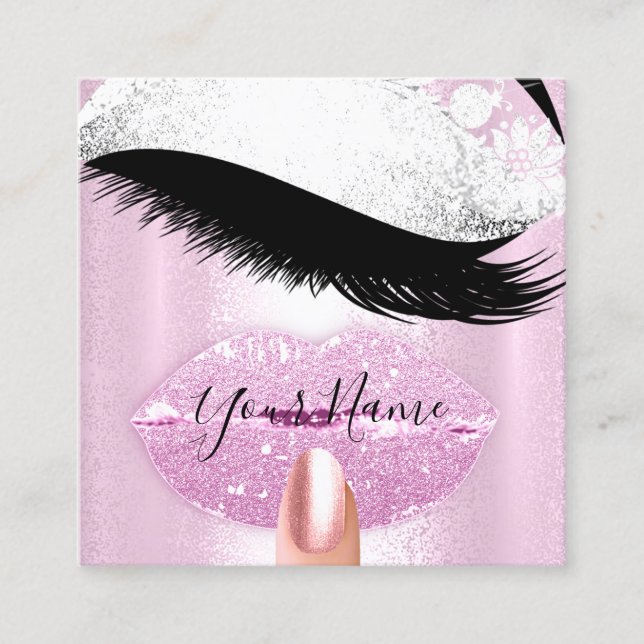 Nails Makeup Boutique Pink Silver Kiss Lips Lashes Square Business Card (Front)