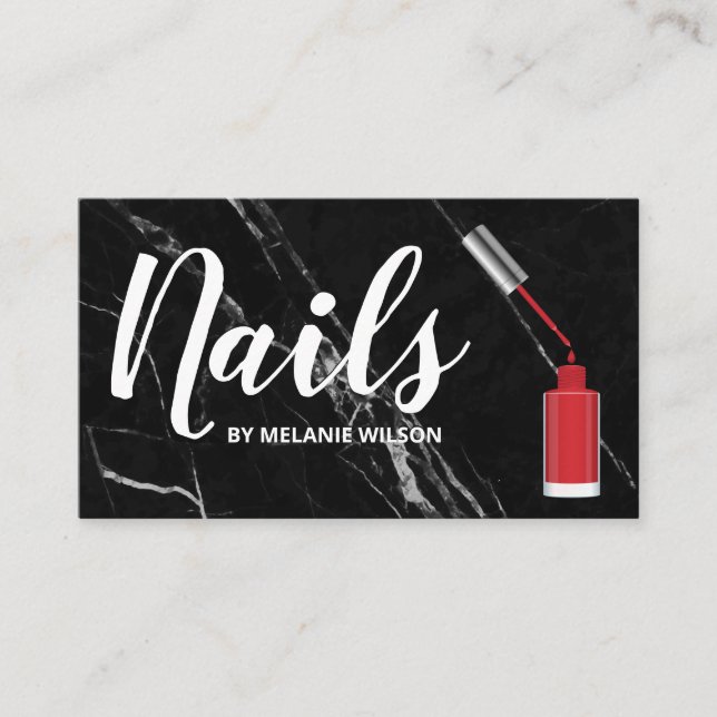 Nails | Red Nail Polish and Brush | Black Marble Business Card (Front)