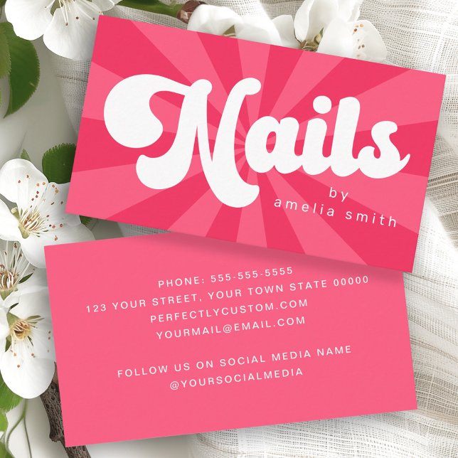Nails retro pink or any colour sunburst  business card (Nails retro pink or any color sunburst business card)