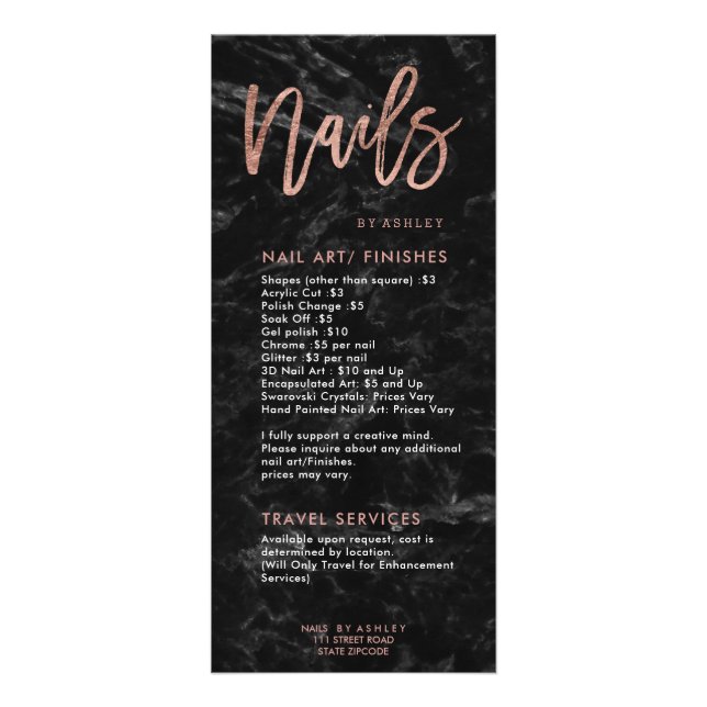 Nails rose gold script black marble price list 2 rack card (Back)