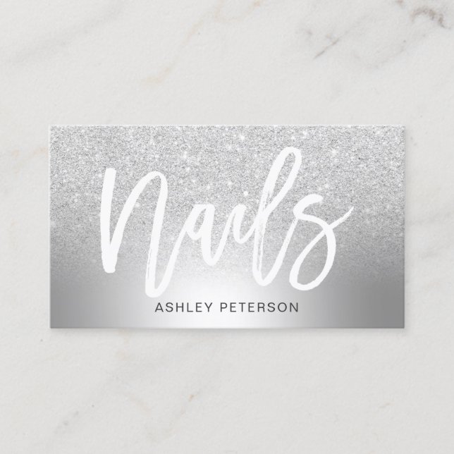 Nails silver  glitter ombre metallic foil business card (Front)